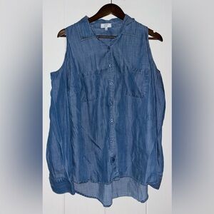 Crown & Ivy Chambray Curvy Cold Shoulder Patch‎ Pocket Denim Shirt Women 1X